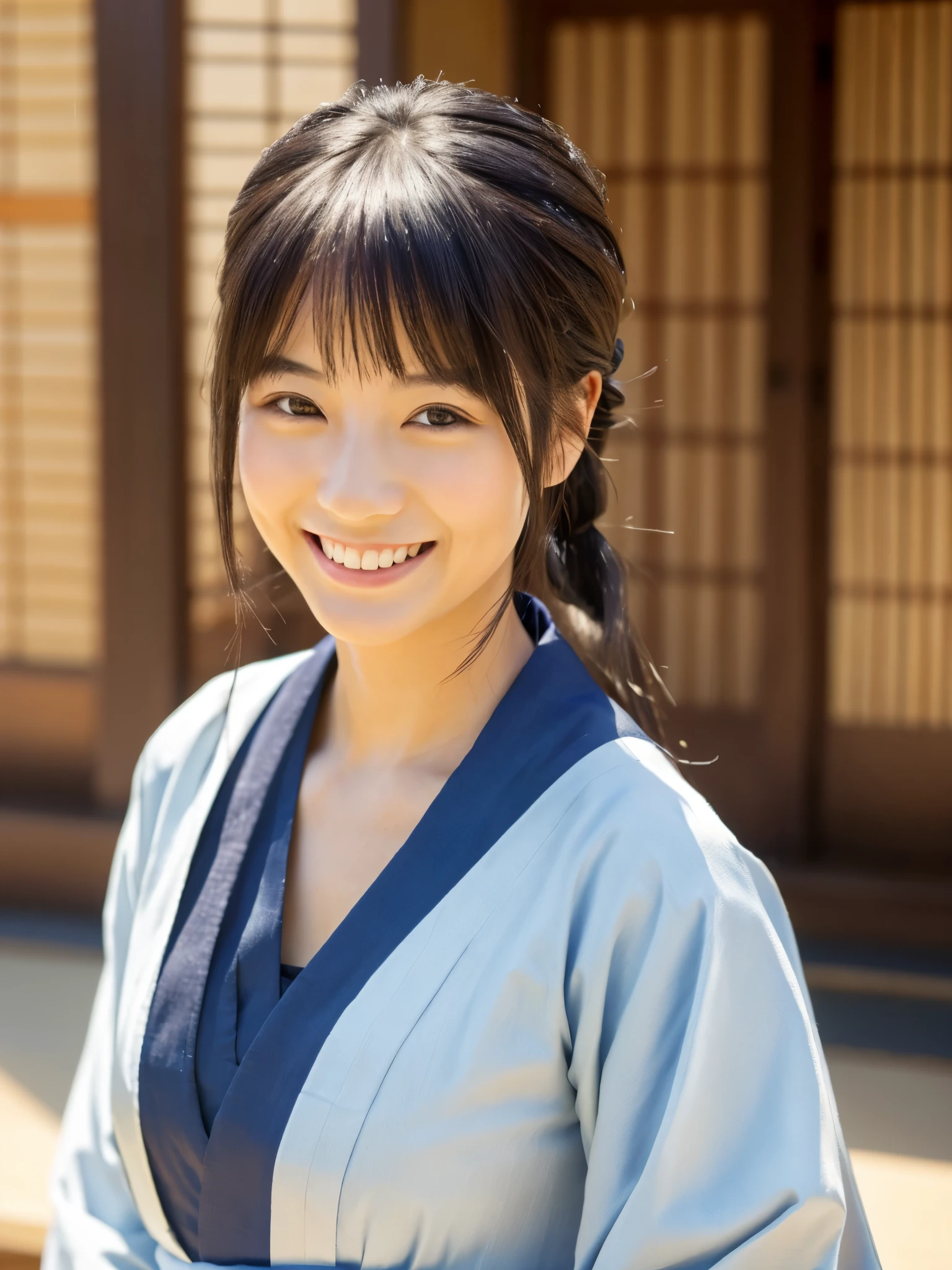 Highest quality　masterpiece　detailed　A very pretty female student is smiling with her hair tied back and wearing hakama.　Photo style　Fantasy