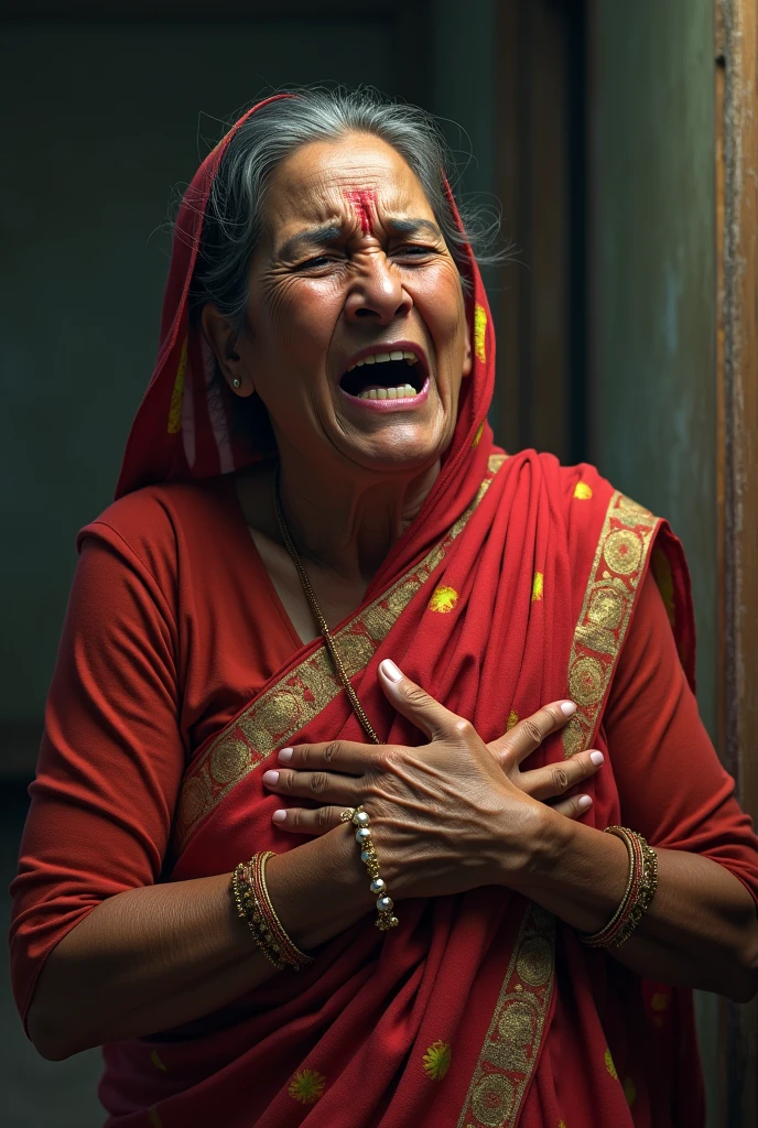 Bangladeshi middle aged women wearing sharee, acting of having heart attack, facial expression must includes pain