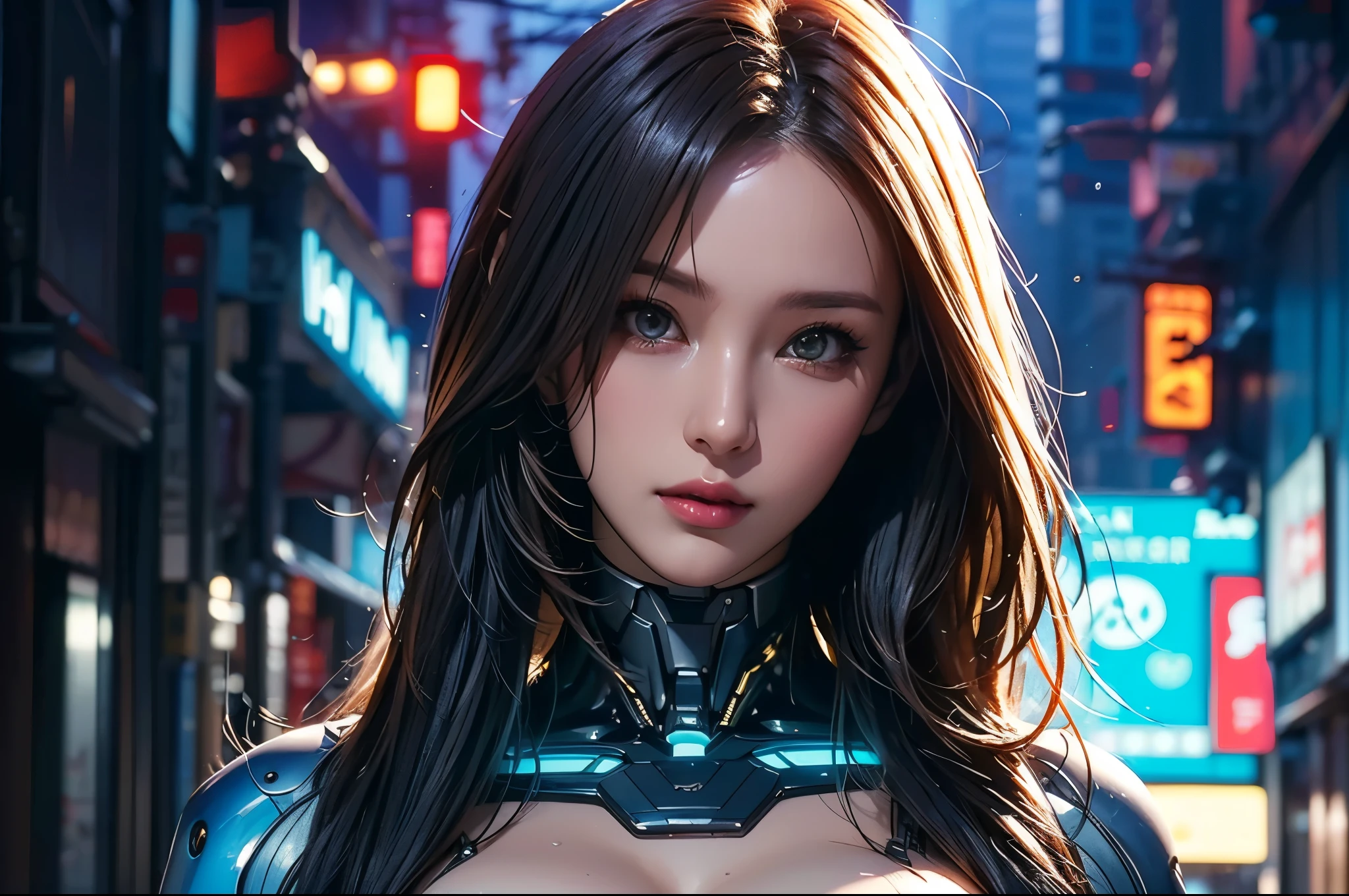 Best Illustrations, Woman covered in complex white cybernetics, Blue LED light, Combat Uniform, Cleavage, high tech, Ultra-high resolution, 32K, (Bikini Cyborg Robot Parts), (detailed:1.4), Cyberpunk City Background, Rainy Street, Beautiful Face, Long golden hair, Professional Lighting, masterpiece, Very delicate and beautiful, Professional photos