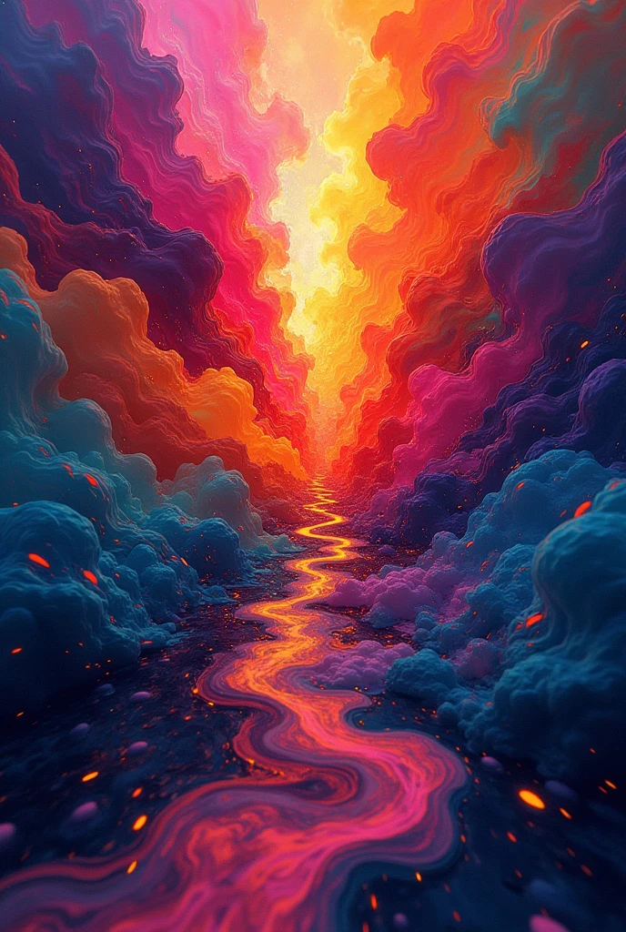 Can you give me an abstract image with bright colors?, that looks like a work of art and has no people or animals
