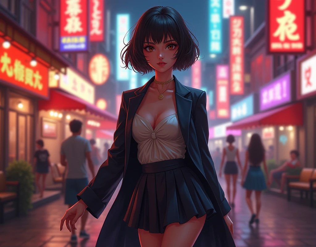 cute young Woman, short black Hair, Brown Eyes, Empress,pleated skirt suit,street lamps,neons,bustling street background,(navel:1.1,princess eyes), Nobility, Royalty, High Quality, Masterpiece, Highly Detailed