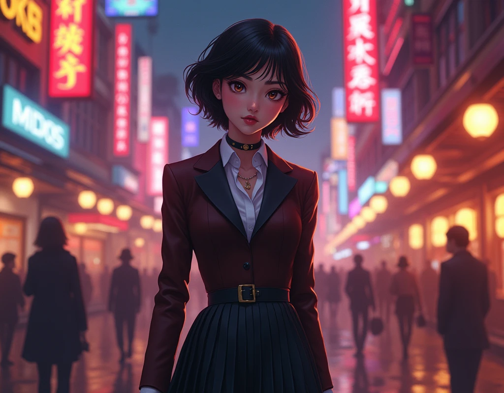 cute young Woman, short black Hair, Brown Eyes, Empress,pleated skirt suit,street lamps,neons,bustling street background,(navel:1.1,princess eyes), Nobility, Royalty, High Quality, Masterpiece, Highly Detailed