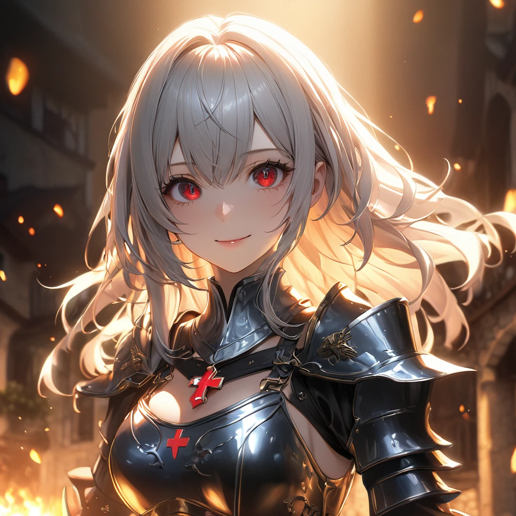 最high quality, wonderful_delicate, wonderful delicate eyes, Super detailed, beautiful, 8k , One girl, Red eyes, evil, Facial Contour,(Absurd, High resolution, Super detailed), masterpiece, The perfect solution, wonderfulディテール, Super Detailed, Cinema Lighting, Ray Tracing, Depth of written boundary, Cinema Lighting, Ray Tracing, 超High resolution, Attention to detail, 最high quality, High resolution, high quality, Awards, Super Detail, masterpiece, 8k, 超High resolution, Attention to detail, 最high quality, High resolution, high quality, Awards, Super Detail, masterpiece, 8k, Digital Art, Anime Coloring,(Official Art、最high quality、unity 8k wallpaper、32K、masterpiece、Very detailedな、超High resolution、Realistic、Photorealistic:1.2)、(Cinema Lighting:1.2)、Fire glow effect、Film Grain、Best Shadow、Rim Light、Side light、(Very detailedで複雑な3Dレンダリング)、((Swiss countryside village、とてもbeautiful背景))、細部までbeautiful顔と目、(Beautiful and sharp eyes)、masterpiece, High resolution、最high quality, ultra High resolution, Maximum resolution, Very detailed, Professional Lighting, beautiful肌, 2. Women、Silver Hair、Hololive、Shirogane Noel、knight、armor、Warrior、smile、((Show off your swordsmanship、knightの剣、knightの盾))、royal palace、city、((whole body))、((Accurate Anatomy))