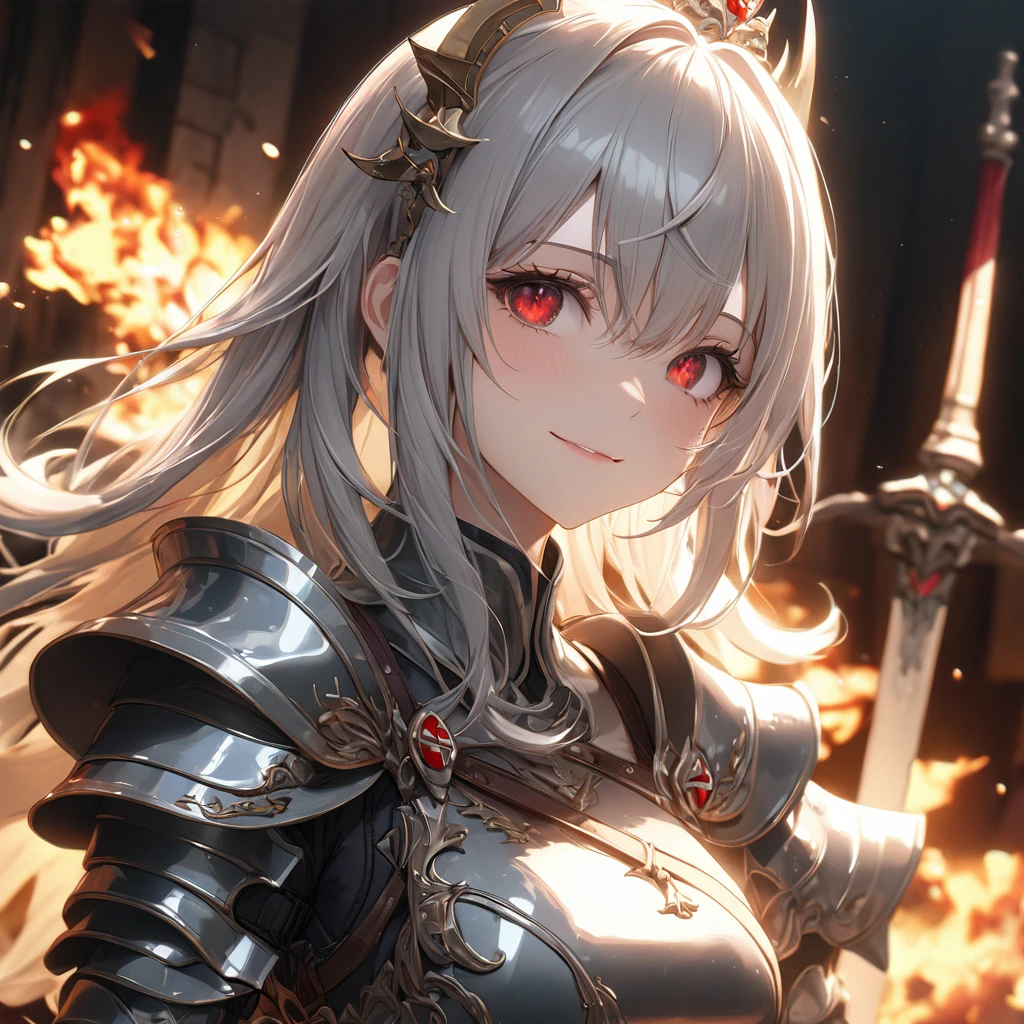 最high quality, wonderful_delicate, wonderful delicate eyes, Super detailed, beautiful, 8k , One girl, Red eyes, evil, Facial Contour,(Absurd, High resolution, Super detailed), masterpiece, The perfect solution, wonderfulディテール, Super Detailed, Cinema Lighting, Ray Tracing, Depth of written boundary, Cinema Lighting, Ray Tracing, 超High resolution, Attention to detail, 最high quality, High resolution, high quality, Awards, Super Detail, masterpiece, 8k, 超High resolution, Attention to detail, 最high quality, High resolution, high quality, Awards, Super Detail, masterpiece, 8k, Digital Art, Anime Coloring,(Official Art、最high quality、unity 8k wallpaper、32K、masterpiece、Very detailedな、超High resolution、Realistic、Photorealistic:1.2)、(Cinema Lighting:1.2)、Fire glow effect、Film Grain、Best Shadow、Rim Light、Side light、(Very detailedで複雑な3Dレンダリング)、((Swiss countryside village、とてもbeautiful背景))、細部までbeautiful顔と目、(Beautiful and sharp eyes)、masterpiece, High resolution、最high quality, ultra High resolution, Maximum resolution, Very detailed, Professional Lighting, beautiful肌, 2. Women、Silver Hair、Hololive、Shirogane Noel、knight、armor、Warrior、smile、((Show off your swordsmanship、knightの剣、knightの盾))、royal palace、city、((whole body))、((Accurate Anatomy))