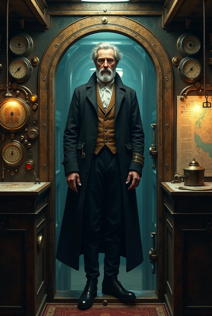 Captain Nemo inside his Nautilus submarine.