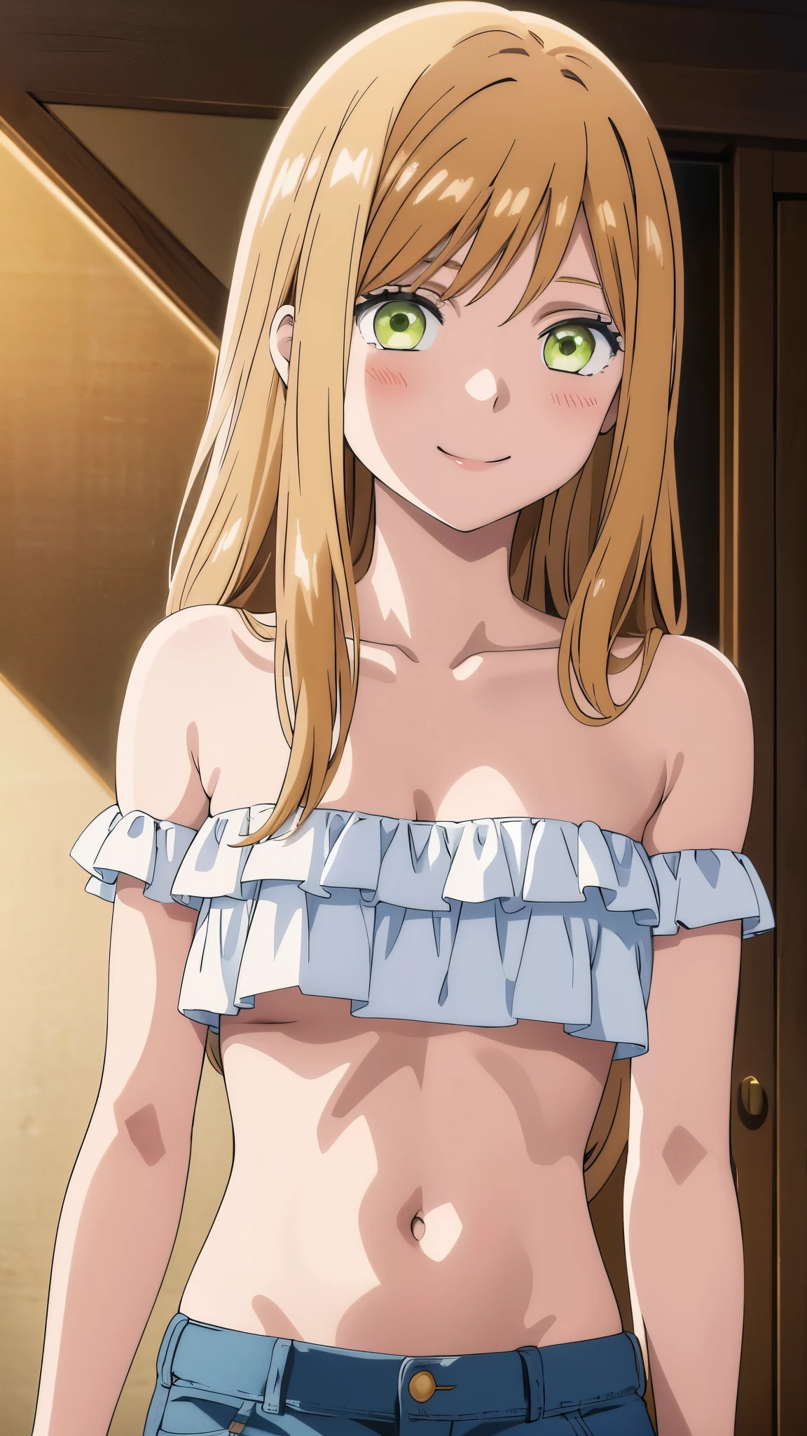 1girl, anime artstyle, masterpiece, highres, solo, 8k, detailed, perfect face, best quality, (ultra high quality), (looking at viewers), (armpit), collarbone, bare arms, bare shoulders, small breast, cleavage, lime hair color, long hair, belly, stomach, navel, abs, micro bikini, mini short, denim short, slim body, upper body, closed mouth, smile, blush, at forest, hand up