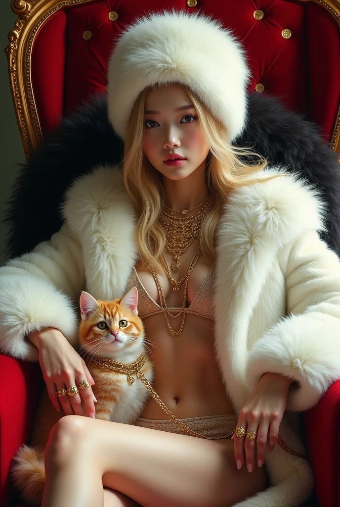 HD, high quality, sexy cute woman, asian, young, korean student,10years old, super young and rich, face of young kid, realistic, real,8k, clean, ager woman with blonde gorgeouslong hair,little curved hair, pale skin, her face is also very beautiful and looks mature. sexy, She has a fit body. black thick fur coat under her leg, sitting on the huge black fur cushion, wearing huge white fur coat, real fur, fur HD, fluffy fur, big mink fur hat, fur coat covering all the body, wearing big fur hat, sitting on golden throne on the fur mug, wearing brown thick fluffy fur brassiere, red velvet throne, 6 gold necklaces, princess handsome, petting cat, cat has gold necklace, cat with gold, gorgeous face, she has slim body,wearing huge white fur coat, many jewelry, alots of gold jewelry, every finger has golden rings, 10 golden huge giant rings, her sexy leg , she wearing fur slippers, holding a whip, super huge titties, big hips, brown fluffy fur brassiere, brassiere with fur, black thick fur cushion under her leg
