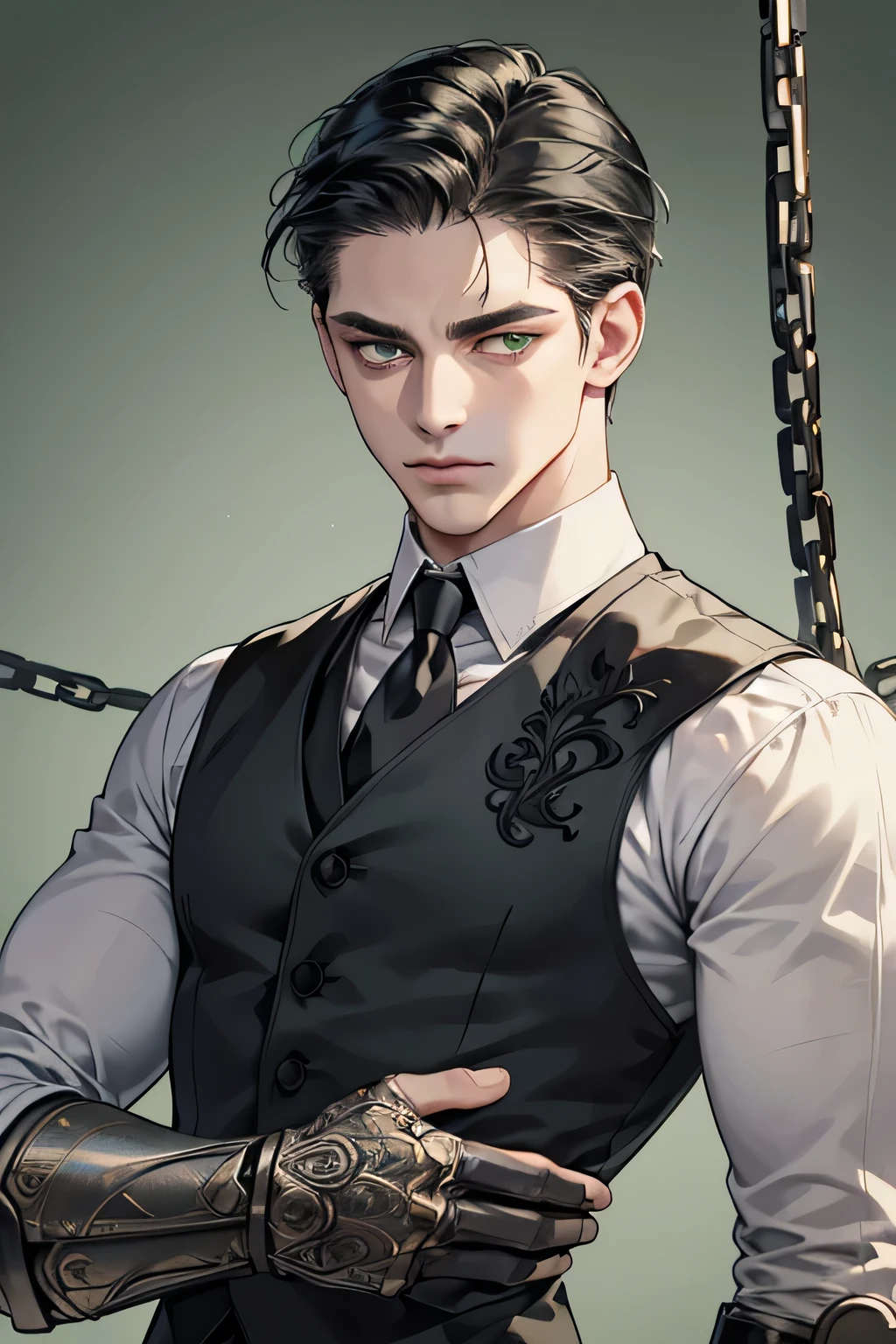 masterpiece, best quality, realistic, man, mature male, a masculine professor, buff physique, male, short hair, green eyes, serious, closed mouth, extremely detailed face, austere, ((slicked back black hair)), ((black vest and white shirt)), accurate, detailed, (8k, HD, best quality, intricate details, dark colors, masterpiece: 1.2), slicked back hair, green eyes, staring away, neutral background, simple clothes, modern, portrait upper body shot, meursault_(limbus_company), fighting position, ((metallic arm gauntlets)), staring at viewer, chains wrapped around arms