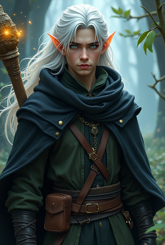 Elf man 25 years with white long hair. On the front side his hair we see little black streak. One of his eye was blue, second was yellow. He wear black coat with hood. He have wooden staff with magic rock and beld bag.