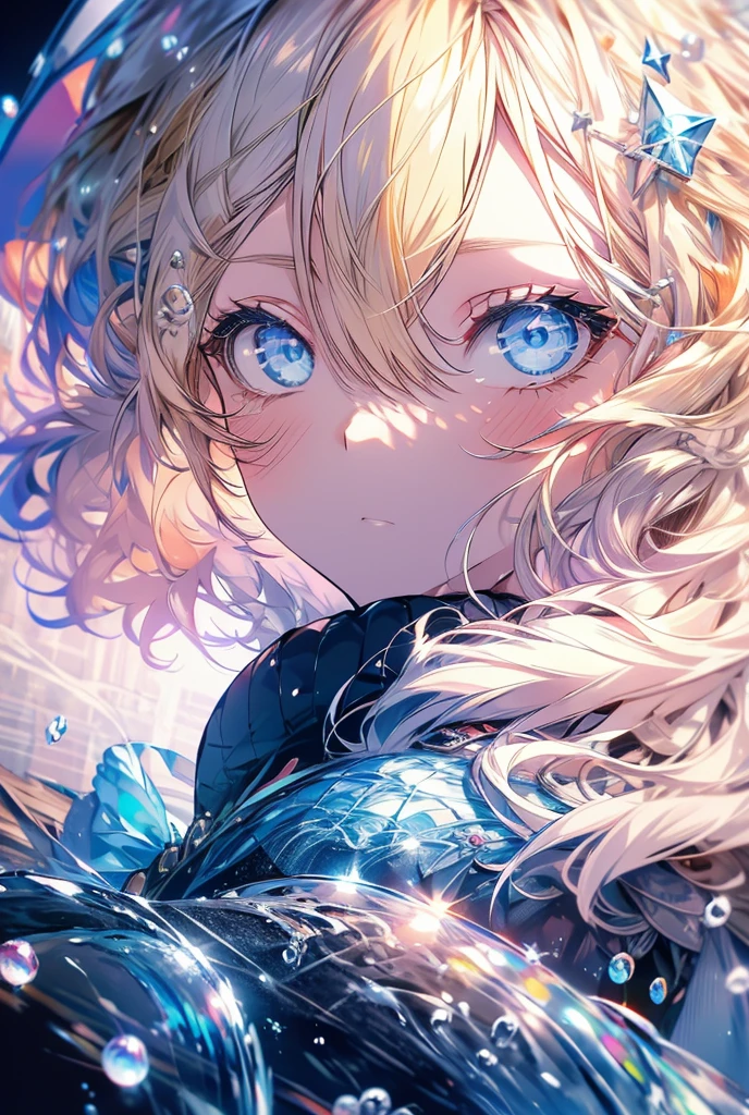 One girl, High-resolution model, Blonde, blue eyes,water droplets,Starlight,Wind