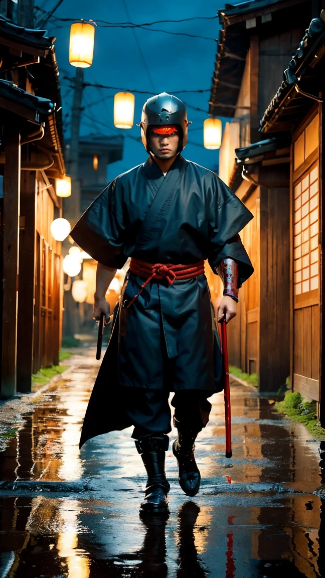 A dark, ominous samurai warrior standing in the rain, fully clad in black, weathered armor with glowing red accents. The warrior’s helmet has a menacing design with glowing red eyes, and he holds a katana with a glowing red blade. The scene is set in an old, dimly lit village with traditional Japanese architecture, illuminated by red lanterns. The ground is wet and reflective, with puddles showing the reflections of the glowing red lights. The atmosphere is intense and mysterious, with a sense of impending danger.