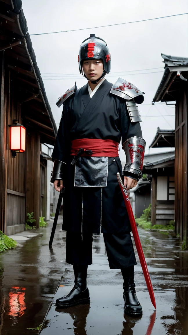 A dark, ominous samurai warrior standing in the rain, fully clad in black, weathered armor with glowing red accents. The warrior’s helmet has a menacing design with glowing red eyes, and he holds a katana with a glowing red blade. The scene is set in an old, dimly lit village with traditional Japanese architecture, illuminated by red lanterns. The ground is wet and reflective, with puddles showing the reflections of the glowing red lights. The atmosphere is intense and mysterious, with a sense of impending danger.