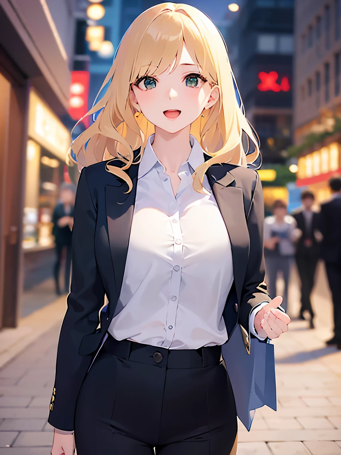 female, alone, High school student, black eyes,  gold hair, shot, bangs, plain chest ,  white shirt ,  beige knit vest ,  black blazer jacket, Smiling 표정, Smiling,  back view ,  walking