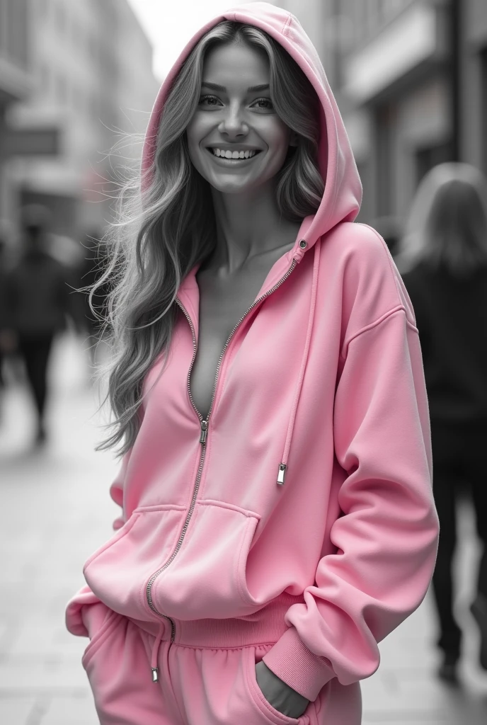 image noir et blanc,Femme naturelle de corpulence moyenne,et souriante dans la rue, en jogging rose, avec une capuche sur la tete et les cheveux long. Belle poitrine moyenne visible parce que la veste jogging est à moitié ouverte. Jolie fessier. Analog style