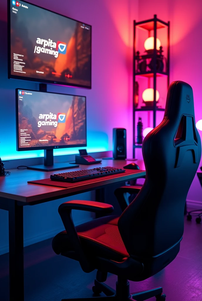 "A modern and vibrant gaming studio setup. The scene features a computer monitor prominently displaying the YouTube channel name 'Arpita Gaming27' in bold text, with a subscriber count of '30k subscribers' clearly visible below it. The studio is equipped with a sleek gaming desk, an ergonomic gaming chair, and multiple high-resolution monitors. Colorful LED lights illuminate the room, creating an energetic and high-tech ambiance. The background includes gaming accessories like a gaming keyboard, mouse, headset, and a microphone, enhancing the professional feel of the setup. The atmosphere conveys the success and popularity of the gaming channel."