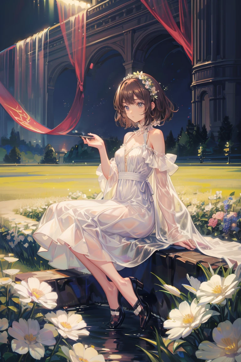 (Highest quality,4K,High resolution,masterpiece:1.2),Very detailed,Realistic:1.37,,(whole body, I can see your feet and your shoes: 1.2),、Anime Style、Storytelling、beautiful、とてもcute天使、Cream dress、cute、Baby Face、Pure、Long skirt、 Delicate facial features, Vermilion cheeks、青いFlower Field、Flower Field、Dark brown hair、short hair、Transparency、Backwards、Dark brown eyes、Flower Fieldの中たたずむ