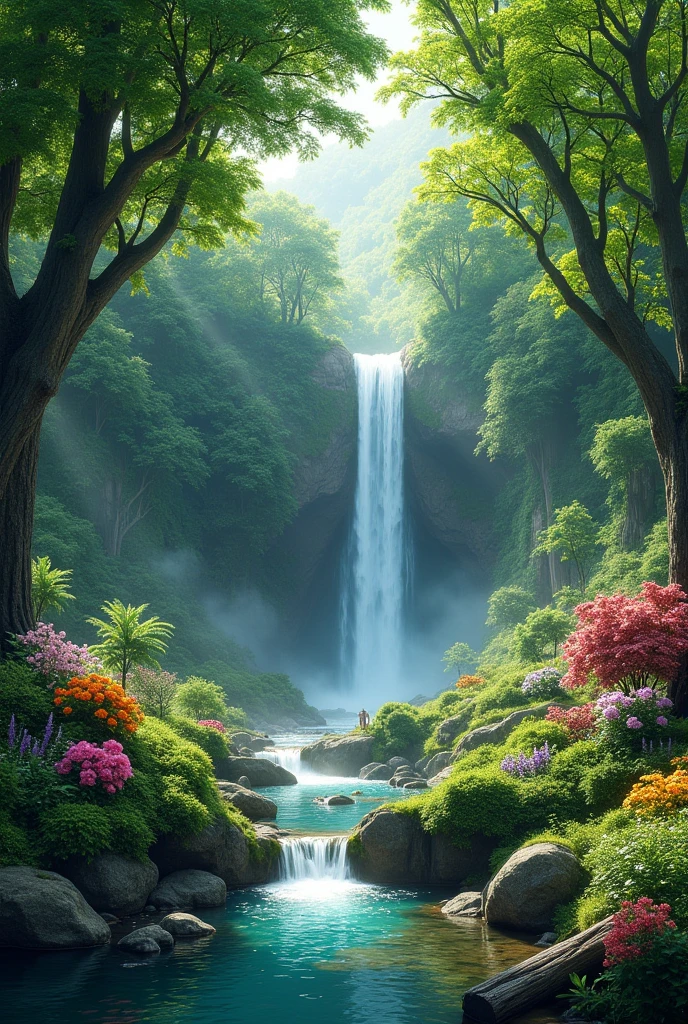 a beautiful garden with waterfall