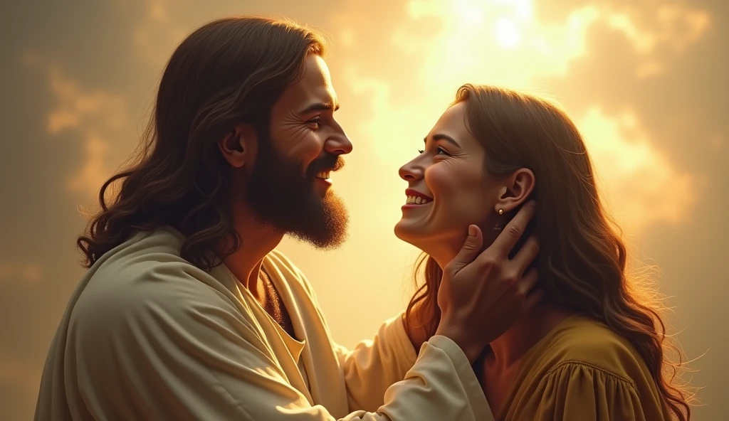 {
  "size": "1024x1024",
  "prompt": "A serene and compassionate image of Jesus gently removing a grotesque, horror-themed mask from the face of a person. The person looks relieved and thankful, as their true face is revealed, radiating peace and happiness. Jesus has a calm and loving expression, with a soft, warm light surrounding both figures. The background is heavenly, with light breaking through clouds, symbolizing spiritual liberation and divine intervention."
}