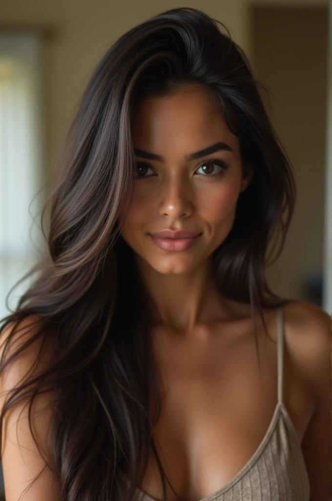 Young beautiful very pretty girl with long thick dark shiny hair riding his husband's penis who is shaving sides of her hair