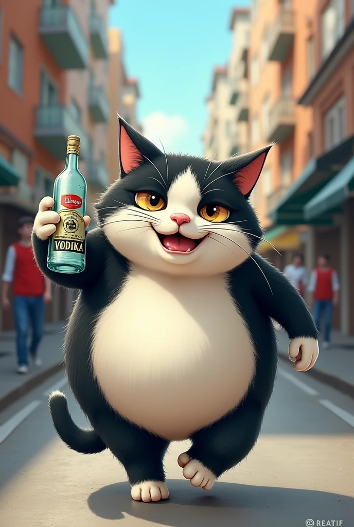 A chubby white and black cat with a bottle of vodka is walking down the street, a cap is worn crookedly on his head