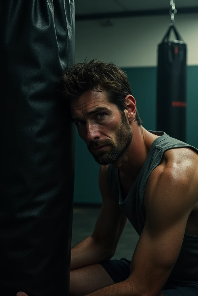 Man look tired putting his forehead against the punching bag