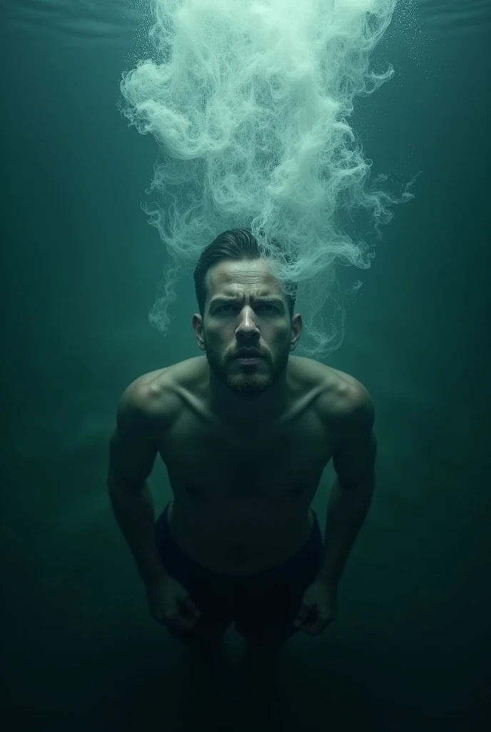 Top view. Man underwater looking at viewer! [(Suspended in the air between scene and the viewer, a translucent, almost ghostly black message reads exactly: "I can't breathe!". The text appears as if it's floating, blurred at the edges, with the letters formed from a faint mist or dark black smoke that lingers in the space. The smoky words are readable, though not overly bright, hovering just in front of his gaze, creating a surreal yet powerful effect. Text exactly says: "I can't breathe!". The text says: "I can't breathe!". semi-transparent text that reads 'I can't breathe!' in a dramatic, bold font. The text almost acts as a title, floating in the air, partially obscuring the scene but enhancing the overall tension and urgency of the moment)]