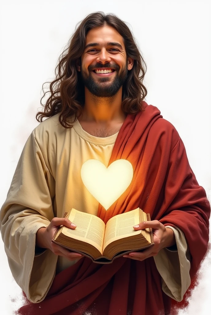  Visualize a hand-painted image with defined edges and brush strokes. At the center, an open Bible replaces the heart of a joyful and confident person with the appearance of biblical times. The person is dressed in traditional period clothing and displays a serene and positive expression.. the Bible, with aged leather cover and visible pages, is positioned in the center of the chest, radiating a soft light that symbolizes its vital importance. The background is white, highlighting the Bible and the expression 