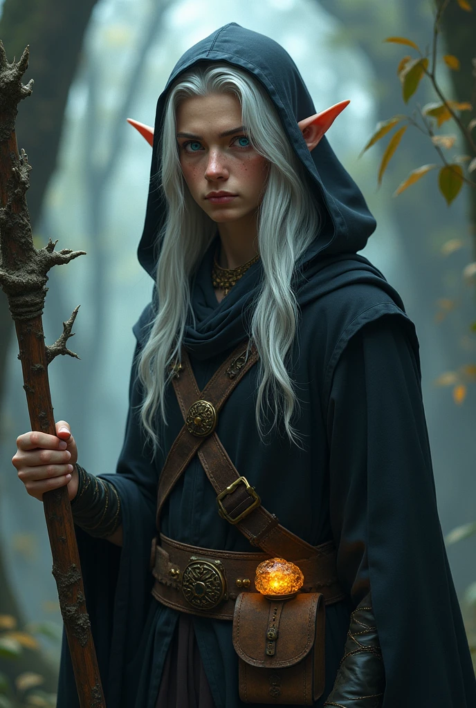 Elf man 25 years with white long hair. On the front side his hair we see little black streak. One of his eye was blue, second was yellow. He wear black coat with hood. He have wooden staff with magic rock and beld bag.