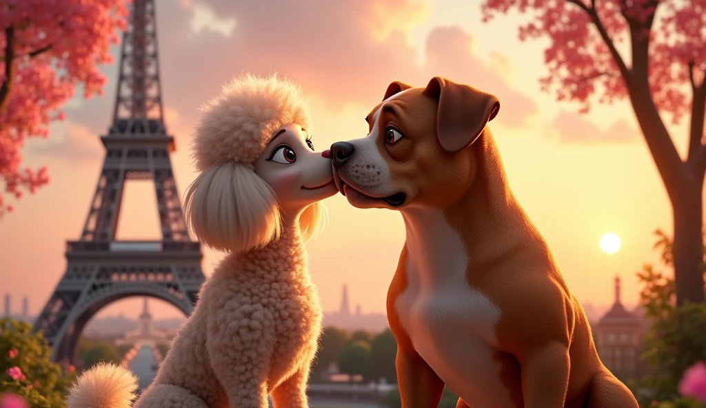 a female dog and male dog kissing Eiffel Tower