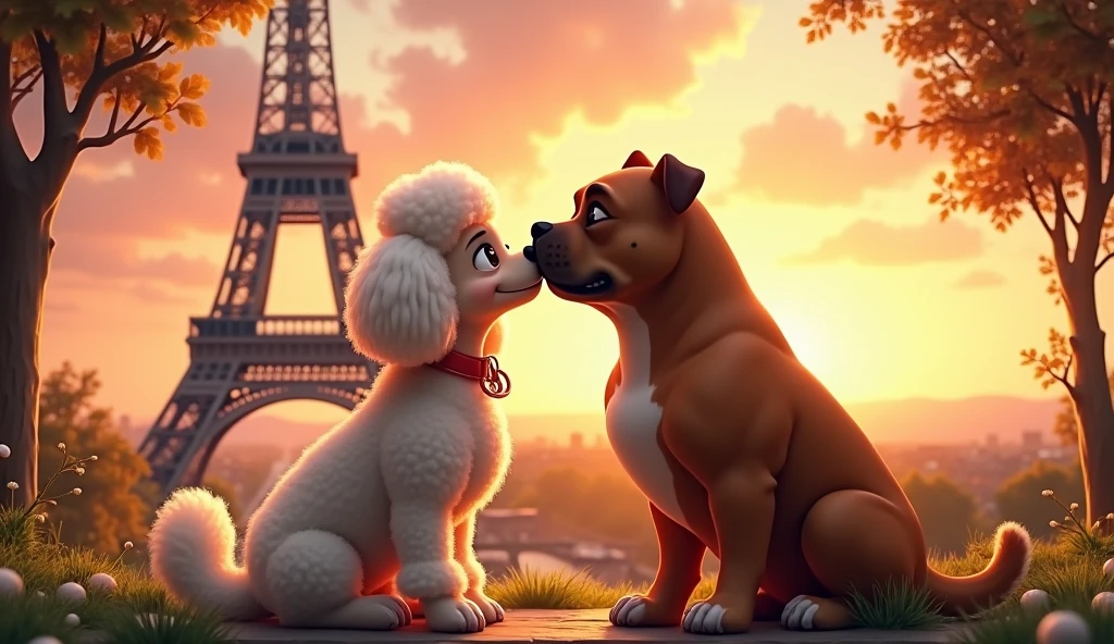 a female dog and male dog kissing Eiffel Tower