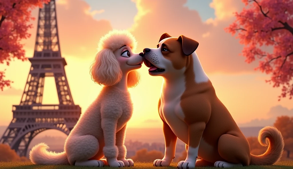 a female dog and male dog kissing Eiffel Tower