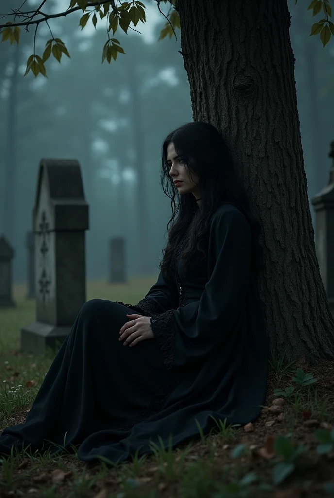 Western woman dressed in black sitting on the ground leaning against the catatunba in the cemetery at night 