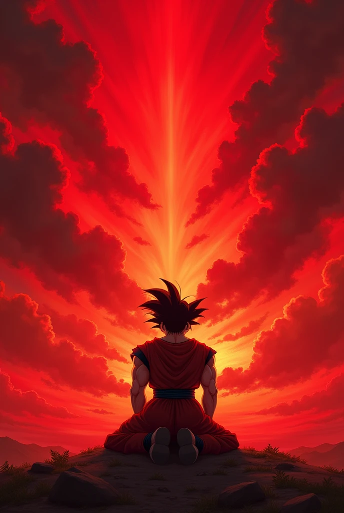 Son goku on his knees looking at the red sky 