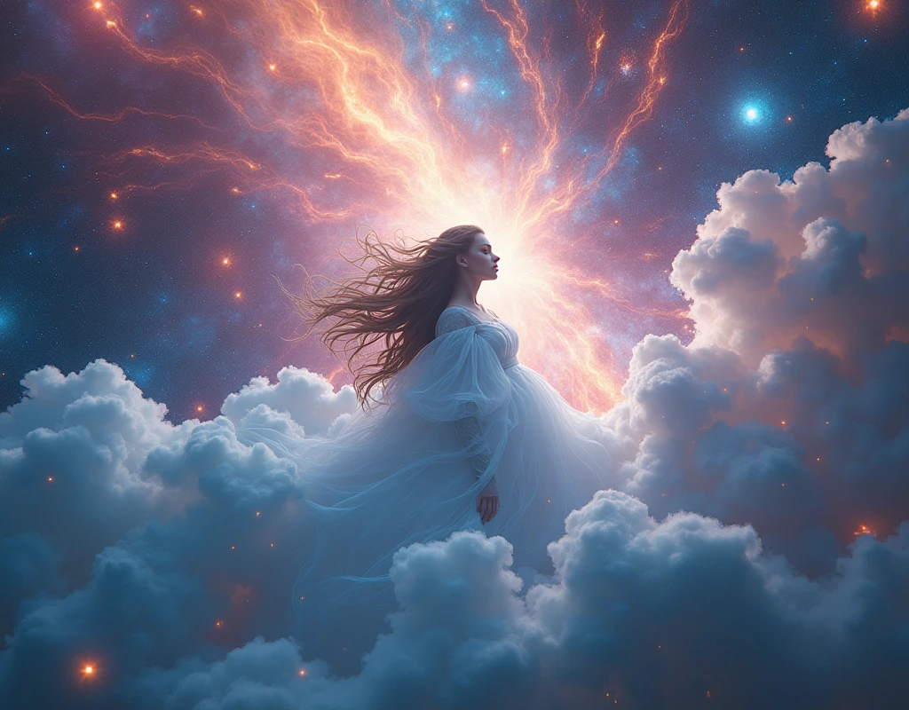 (solo) inconceivable and spectacular an emergency scene of a cloud figure Sophie Turner in a cosmic cloud, strands of fractal nebulae, cosmic, celestial, cosmic, vibrant and vivid entities, whirlwinds, spinning, unreal, high contrast, symbolism, magical, mystical, mystifying, hyper-realistic, supersaturated, colorful, 8K