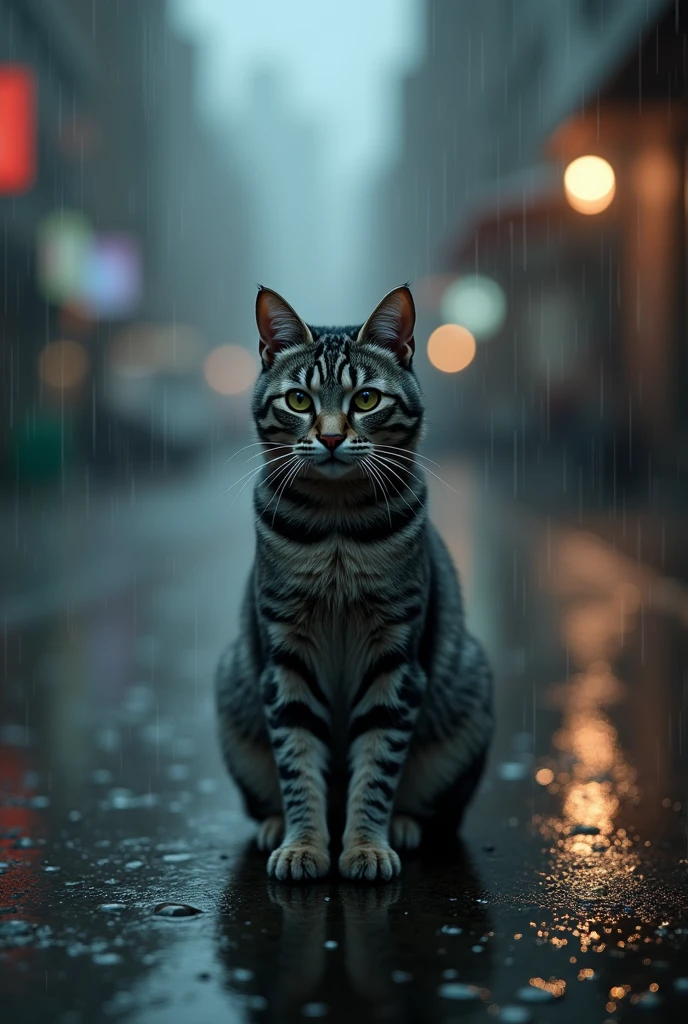 a gray tabby cat in the middle of the rain
