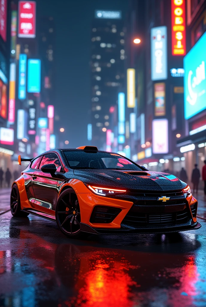 Black and ogrange chevrolet lacetti gentra in the neon city