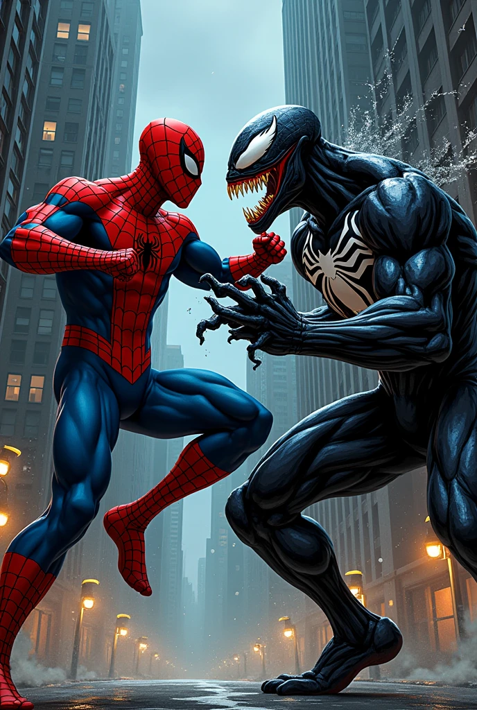 Two spidermand hitting venom punch 