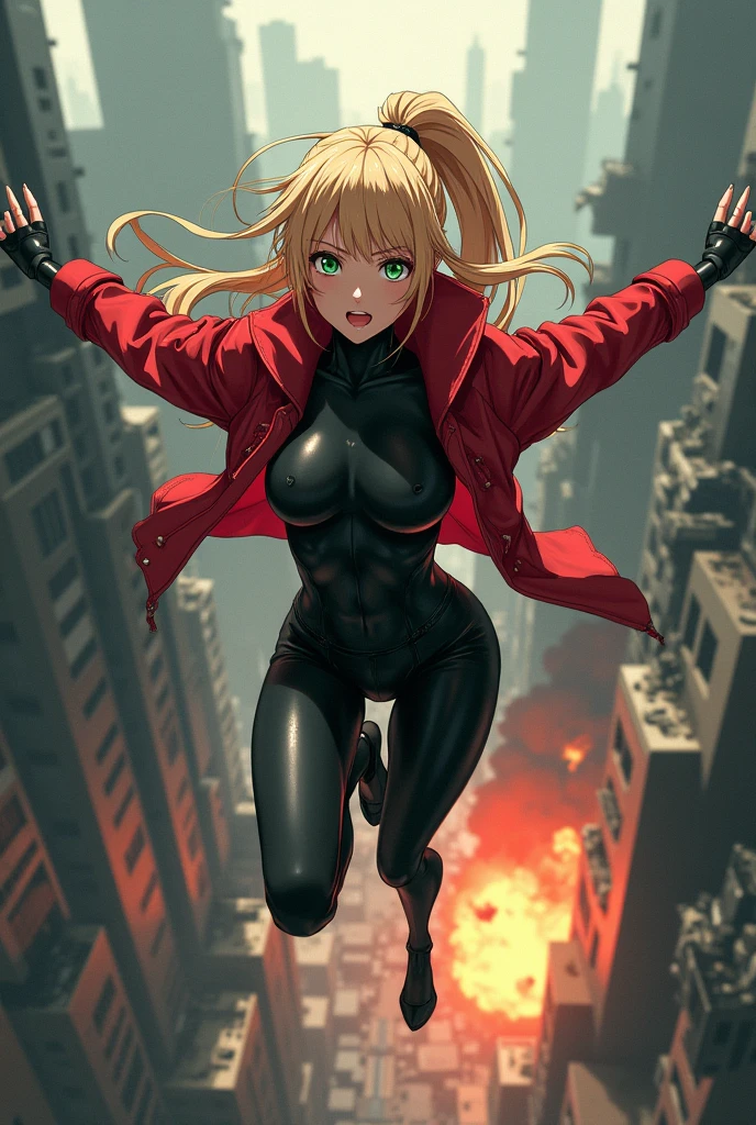 The image is anime style cowboy bebop and Darker than black with shadows and dim lights, anime style although somewhat adult and dark, It shows a single female android flying over exploding buildings., She has long blonde hair, gathered in a ponytail, green eyes, He wears a red jacket and a black latex suit, you can see his full body, it is day, It's 11 am