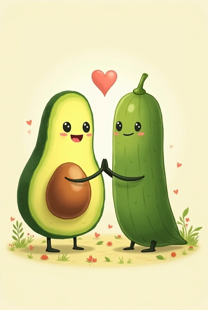 Draw an avocado with a face and a cucumber with a face holding hands (They are dating)