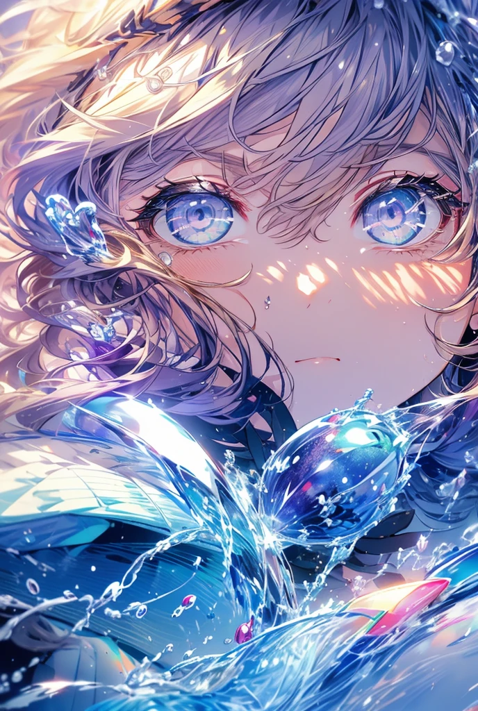 One girl, High-resolution model, Blonde, Purple Eyes,water droplets,Starlight,Wind