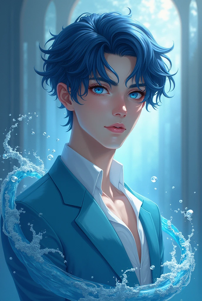 "Eren" Guardian of Water, an elegant young man with dark blue hair and bright blue eyes.