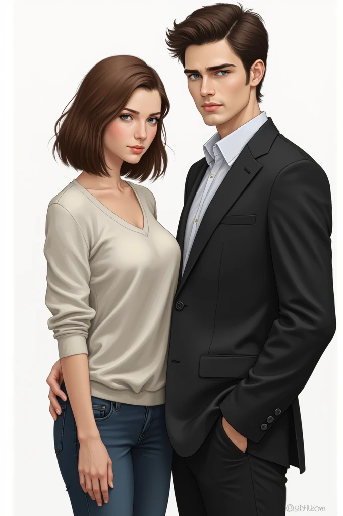 1. **Anastasia Steele**:
- **Appearance**: Depict her with brown, shoulder-length hair and blue eyes. She should have a modest, somewhat reserved posture.
- **Attire**: Dress her in simple, classic clothing that reflects her understated style—perhaps a soft sweater and jeans or a casual dress.
- **Expression**: Show her with a thoughtful or slightly anxious expression to capture her reserved and introspective nature.
2. **Christian Grey**:
- **Appearance**: Illustrate him with sharp, defined features, including dark hair and striking grey eyes. He should have a confident and commanding posture.
- **Attire**: Dress him in a well-tailored suit, emphasizing his wealth and sophistication. A dark, tailored suit with a crisp white shirt would fit his character.
- **Expression**: Portray him with a confident or intense gaze to reflect his enigmatic and dominant personality.
These visual elements should capture the essence of each character and their dynamic relationship.