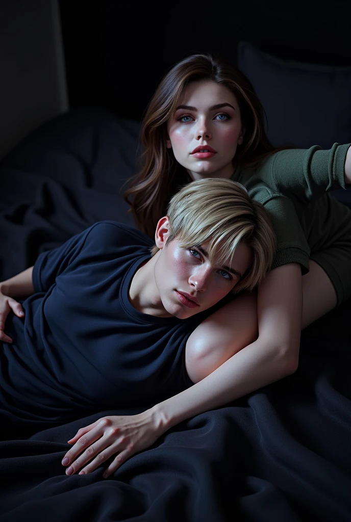1 man, young man, 2, Leon S. Kennedy from the movie "Resident Evil 4", Eudard Badaluta's face, solo, Dark blonde hair, Curtain hairstyle, navy t-shirt, lying on the bed, sporty, volumetric lighting, depth of field.
1 woman, young woman, beautiful, curvy but slim figure, long dark brown hair, blue eyes, green dress with 3/4 zip, lying on bed.