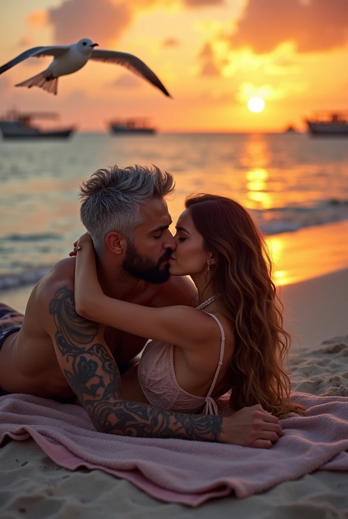 Realistic photography, close-up, full view, 2 people kissing and hugging, lying on towels on the seashore with luminescent sand and a sunset with seagulls and boats in the background,Handsome shaved grey haired man with short beard and skull tattoos, lying down and hugging a Persian woman with a beautiful face, long light brown hair with waves in the man's arms, lying down giving him a kiss, dressed in a swimsuit and bikini