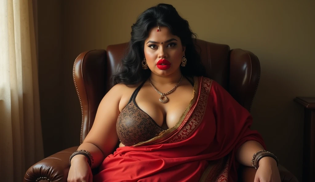 A full-body portrait of wolf cut hairstyle erotic hindu wife, sitting on chair, front facing, 4K, wide angle camera view, super realistic, huge breast, super big fake lips red lipstick super delicious body saree bra chubby body, full body