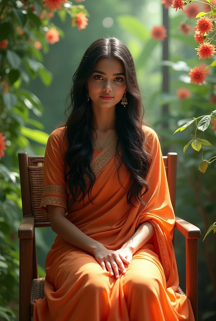 (photorealism:1.2), indian hot and beautiful age girl sitting in a chair in a garden
