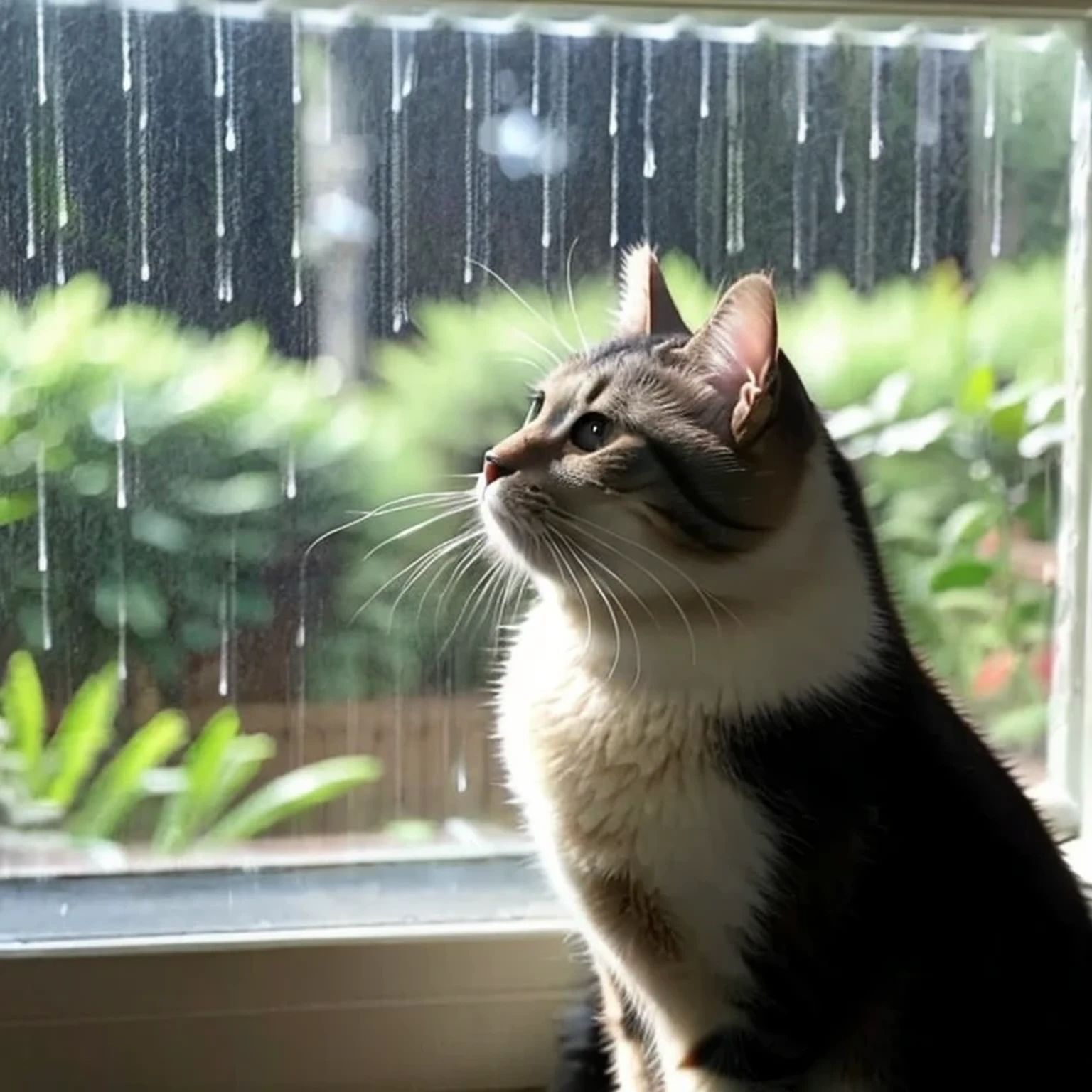 A cat listening to the rain