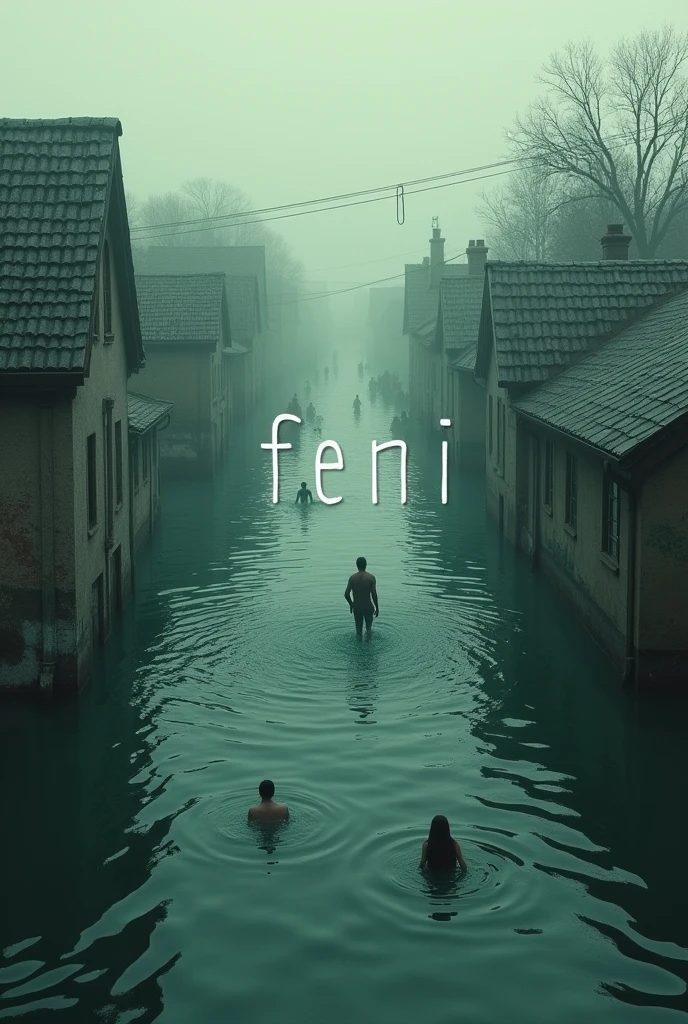 There is a lot of water, the houses are falling asleep, all the people are drowning in the water. In the middle of the image, "Feni" will be written.