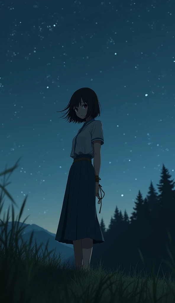 woman has her hands tied、((Hands behind back))、((Place your hands together and cross them behind your back))、((Her wrists are tied with a rope))、Beauty、20talent、university student、(Anatomically, there are two arms and two hands)、Standing on a hill at night、There are a lot of trees、Beautiful night sky、There are many stars、A strong wind is blowing、Wearing a short-sleeved blouse、Wearing a longskirt、Uniform eyes、Well-proportioned、Medium build、Small Bust、Small face、(I can see from head to heel), black hair, bangs, swept bangs, straight hair, nervous, messy hair, floating hair, cinematic lighting, tachi-e, first-person view, pov, from behind, f/1.2, Nikon, cowboy shot, Surrealism, UHD, best quality, highres, 8k, textured skin, anatomically correct,