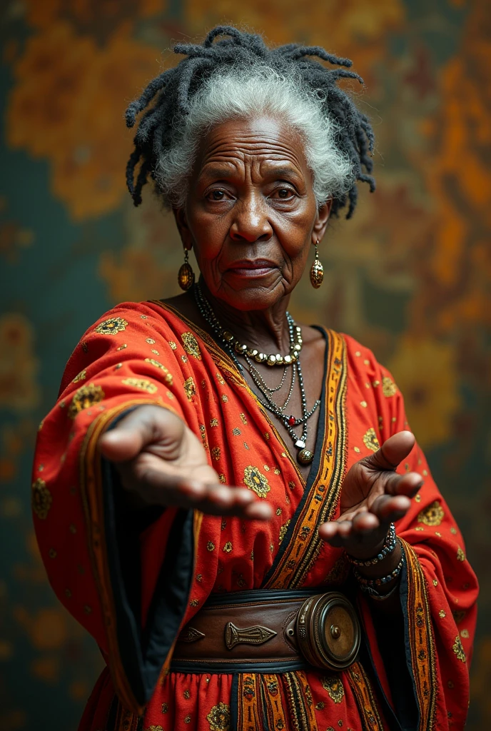 With a full picture in an African print Generate an image of a old dark black woman with grey hair pointing hands at someone